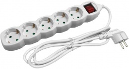 Elosztósor, 5 aljzat, 1,5 m, kapcsolóval, ENTAC, fehér